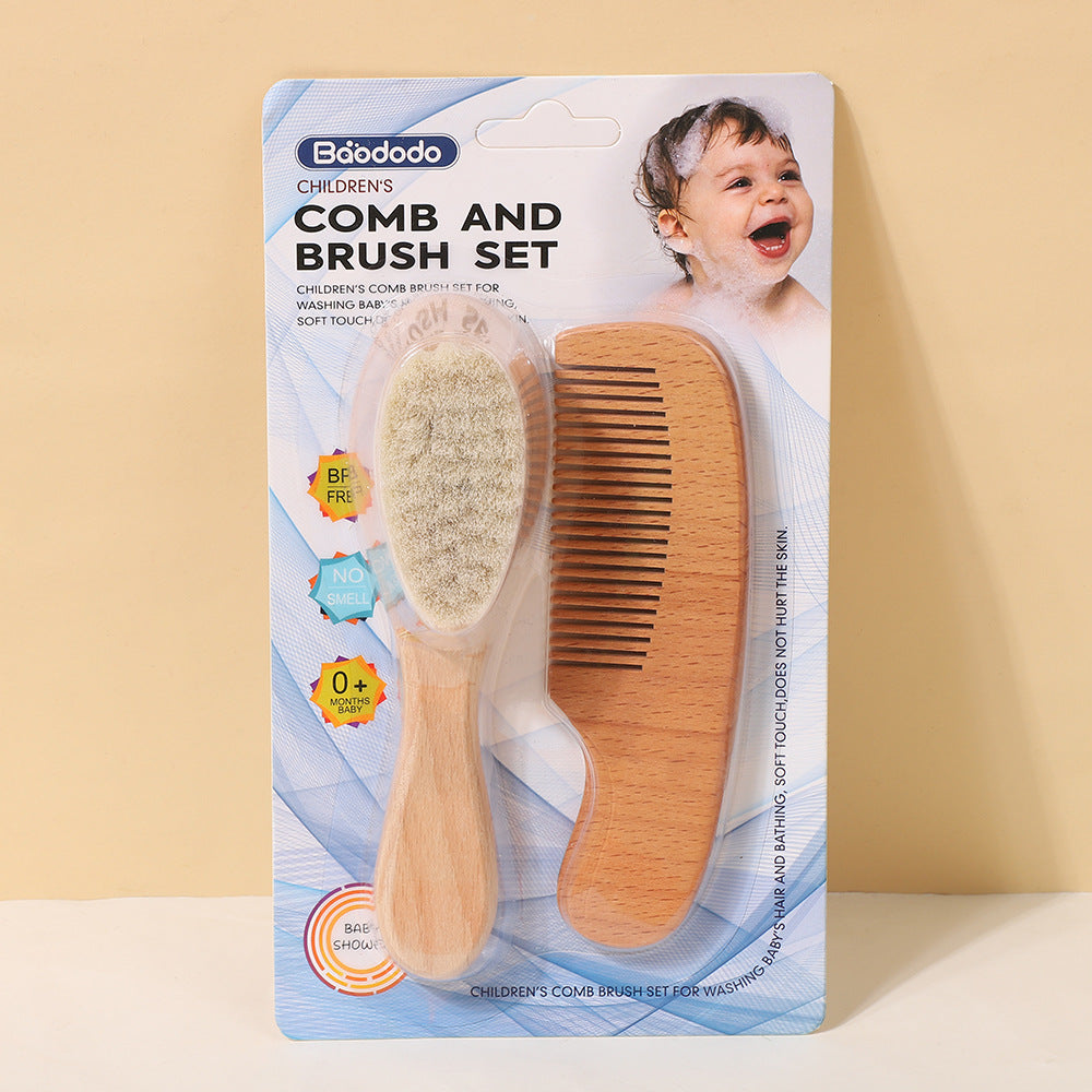 Wool Baby Brush Set Newborn Baby Scalp Cleaning Soft Hair Shampoo Brush Beech Wood Comb Brush Three-Piece Set