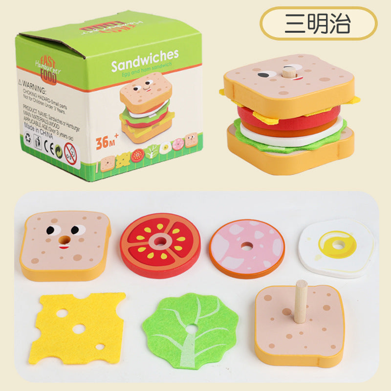 Kids wooden artificial play house burger fries sandwich kitchen set column matching food fun educational toy