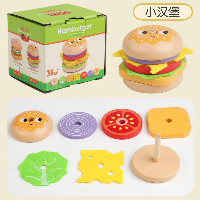 Kids wooden artificial play house burger fries sandwich kitchen set column matching food fun educational toy