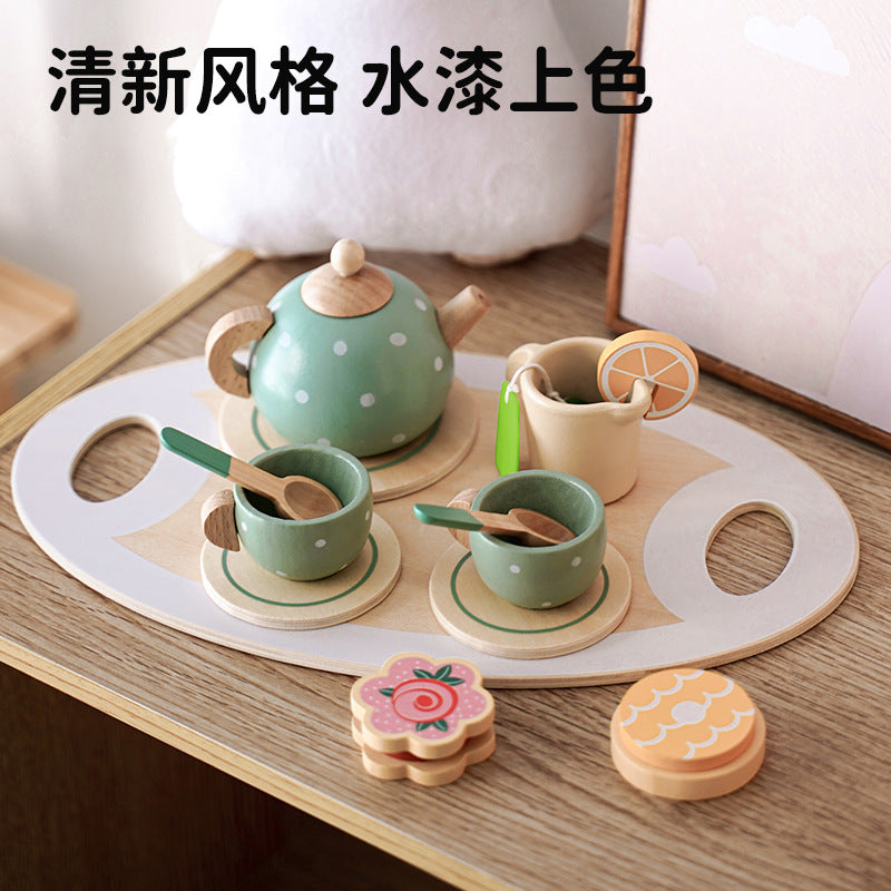 Children's Early Education Simulation Afternoon Tea Play House Teapot Cup Tea Set suit Wooden Cognitive Small Toy Simulation