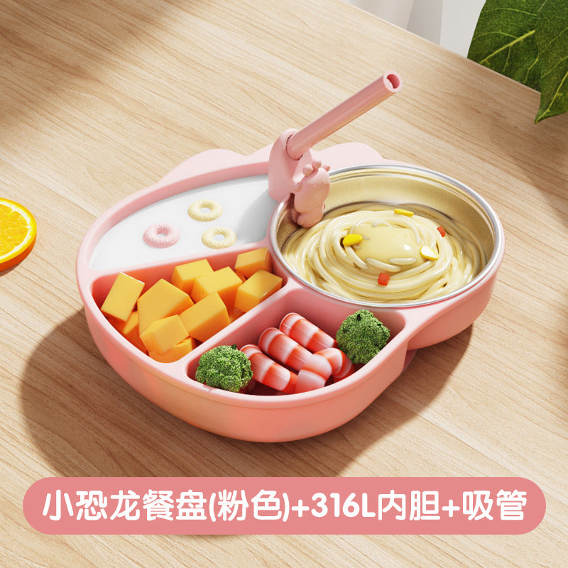 Silicone Divided Children's Dinner Plate Cartoon Little Dinosaur Suction Cup Bowl Training Baby to Eat Independently Divided Supplementary Food Tableware