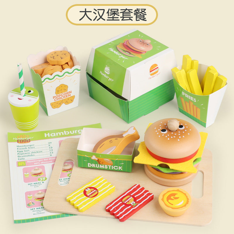 Kids wooden artificial play house burger fries sandwich kitchen set column matching food fun educational toy