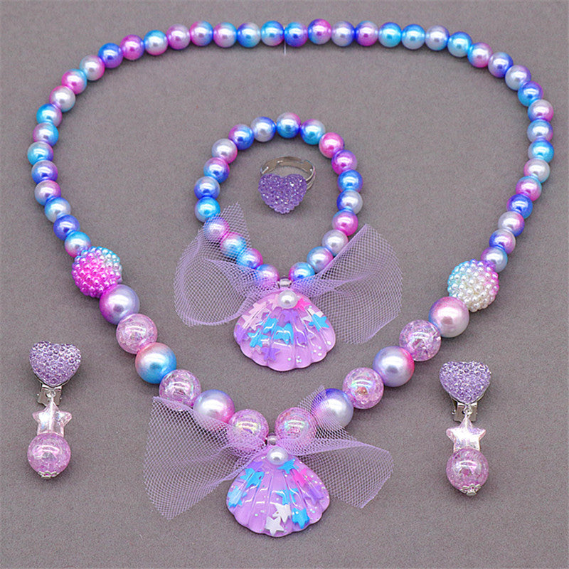 Children's Princess Necklace Bracelet Jewelry Set Mermaid Shell Imitation Pearl Necklace Little Girl Swimsuit Accessories