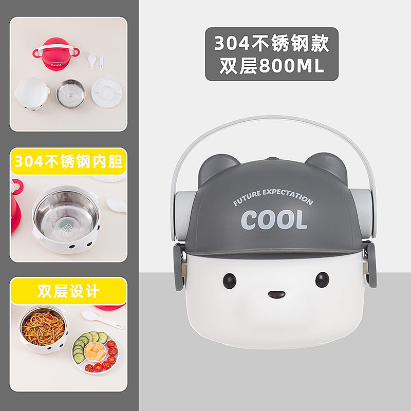 Lovable wind 304 stainless steel bear double-layer student pp lunch box can enter the microwave oven compartment with lid for foreign trade