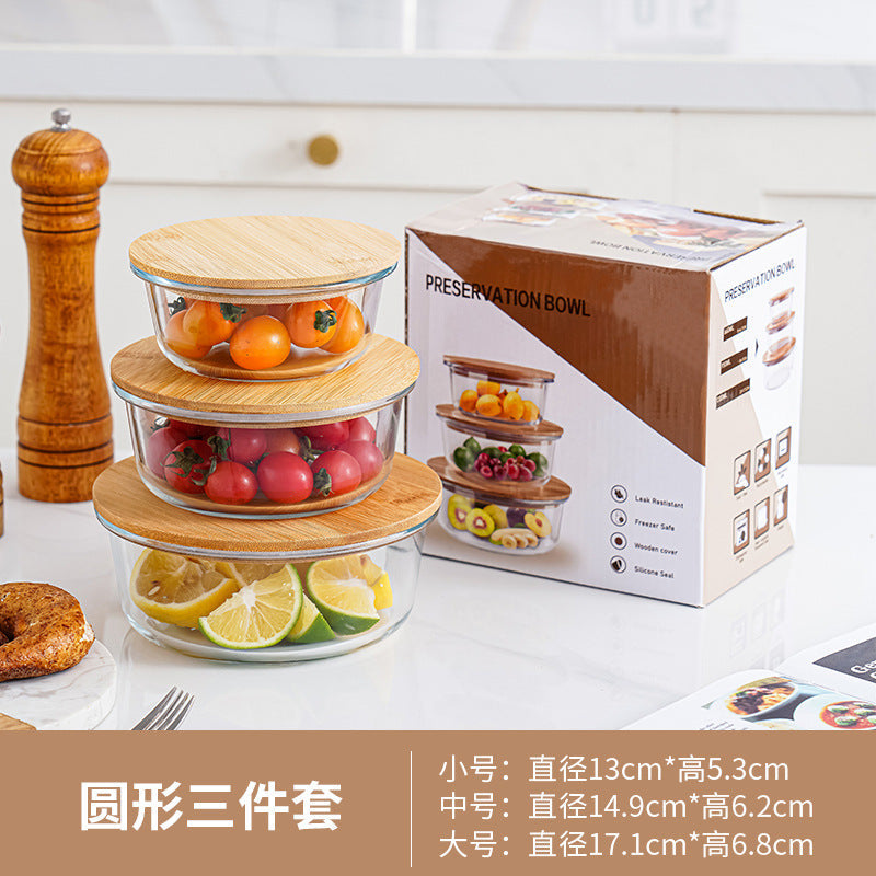 Bamboo Lid High Boron Glass Lunch Box Three-Piece Set in Color Box, Sealed Lunch Box, Picnic Box, Microwaveable Lunch Box