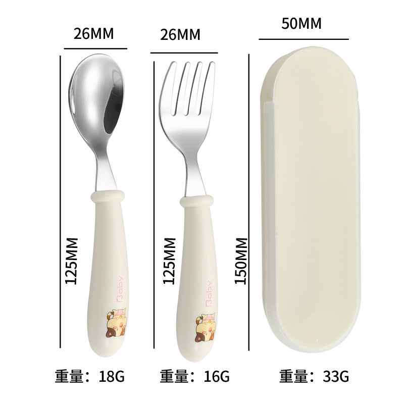 Cartoon 304 Stainless Steel Kidsren's Spoon and Fork Baby Eating Training Tableware Set Baby Portable Feeding Spoon