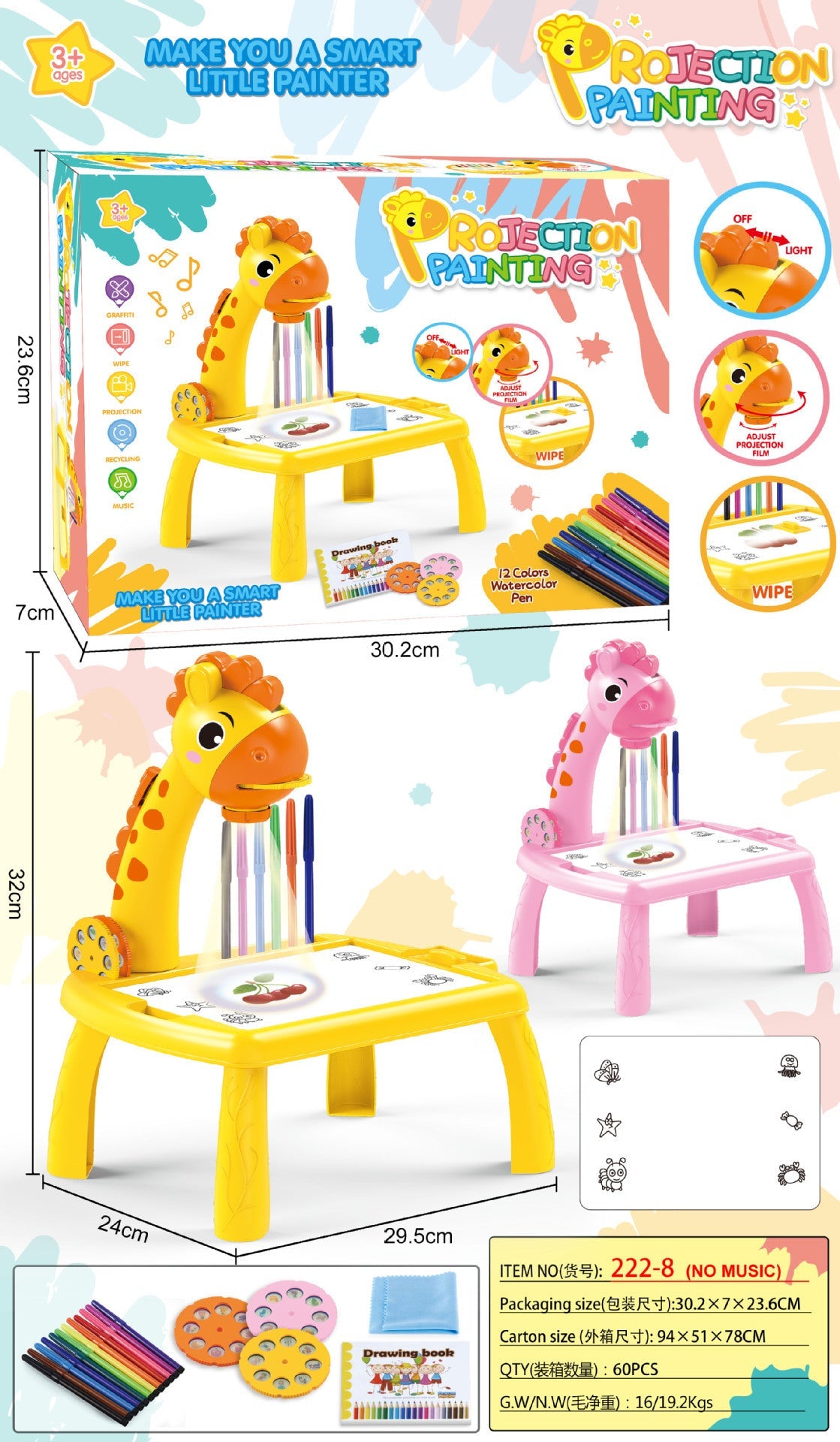 Cross-Border Multifunctional Deer-Shaped Projection Drawing Table with Cartoon Design, Sound and Light, Graffiti Writing Board, Children's Educational Toy