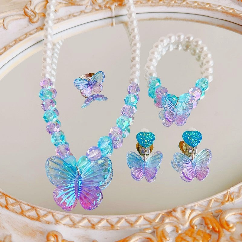 Children's Necklace, Earrings, Ring Set, Butterfly Cute Cartoon Girl Princess Jewelry Set, Necklace Necklace