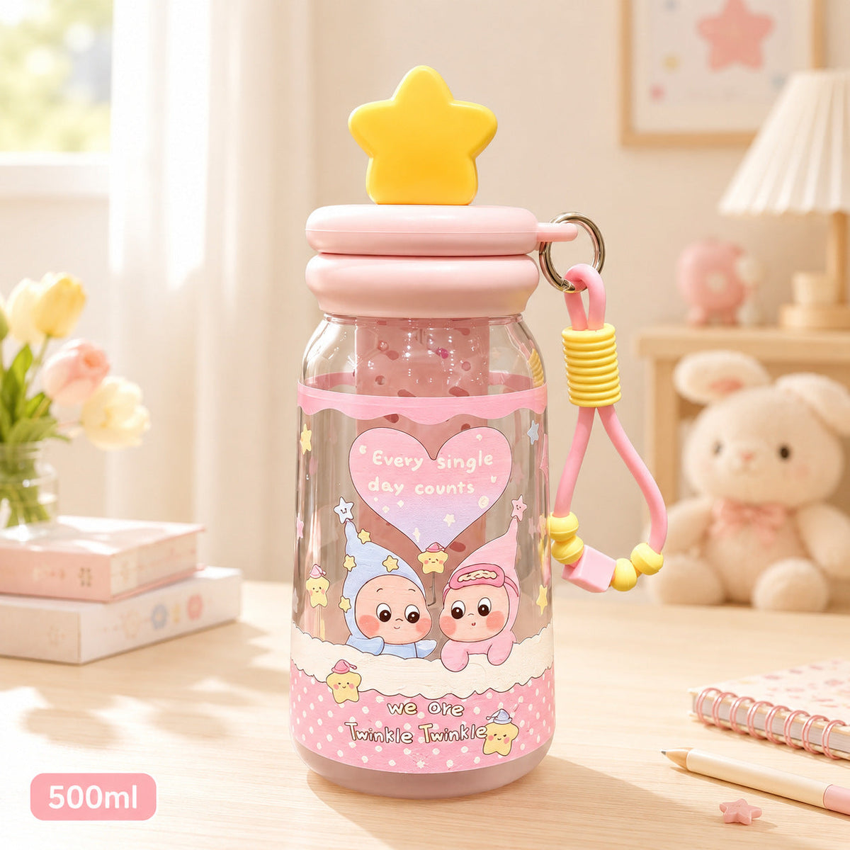 Summer Star People Tritan Plastic Cup, High Temperature Resistant Portable Straw Cup, High Appearance Value, Cute Cartoon Cup for Girls
