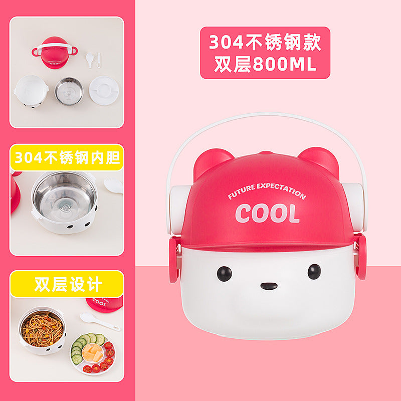Lovable wind 304 stainless steel bear double-layer student pp lunch box can enter the microwave oven compartment with lid for foreign trade