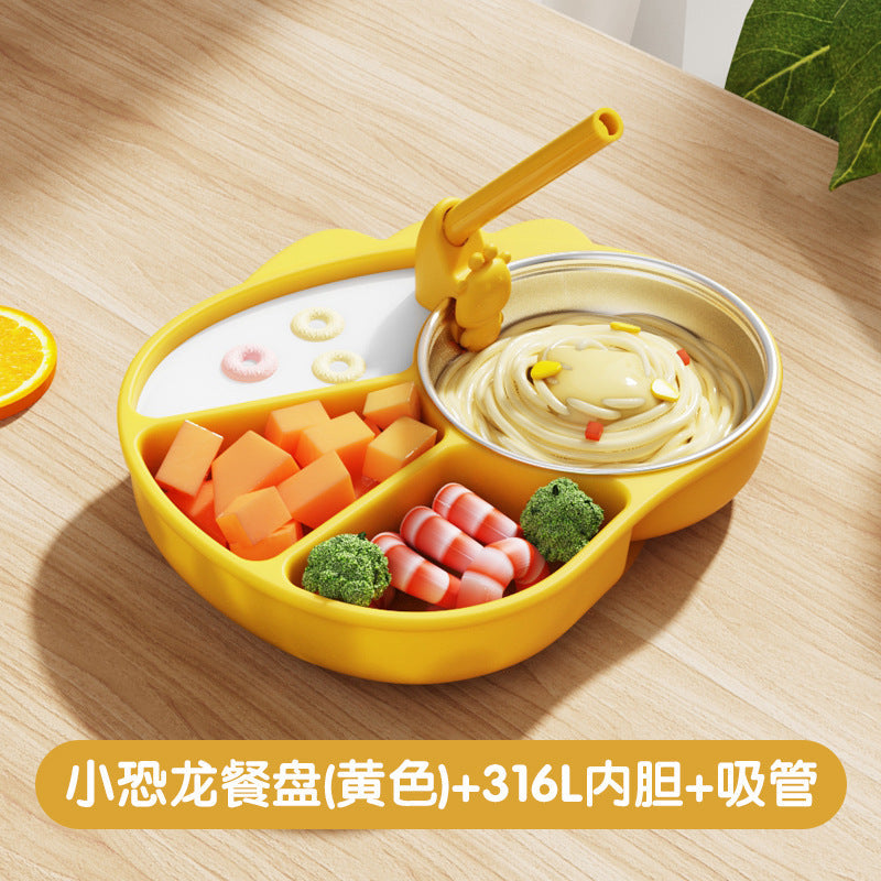 Silicone Divided Children's Dinner Plate Cartoon Little Dinosaur Suction Cup Bowl Training Baby to Eat Independently Divided Supplementary Food Tableware