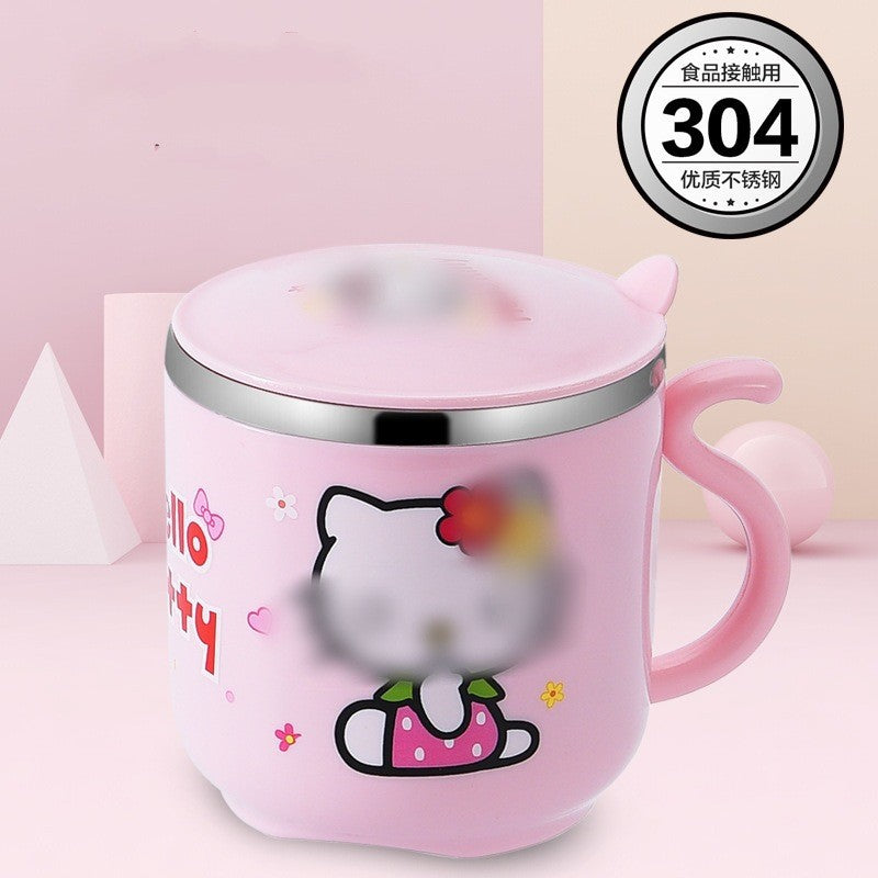 304 Stainless Steel Children's Water Cup Cartoon Creative Double Layer Insulation Anti-scalding with Lid and Handle Kindergarten Mouth Cup