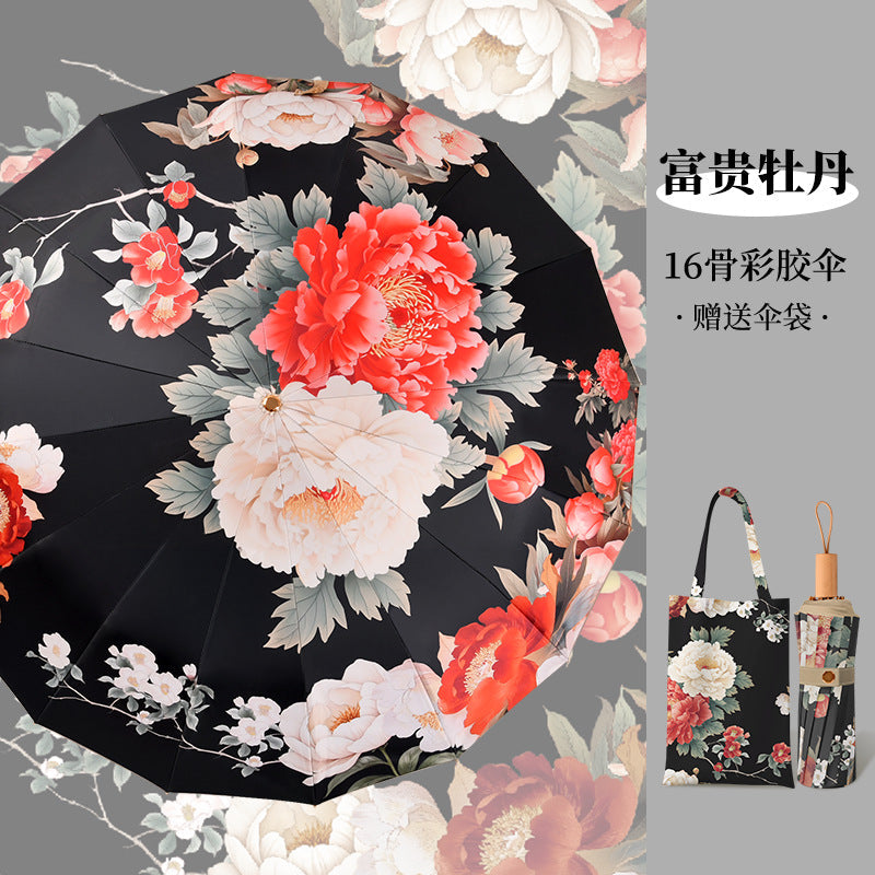 Vintage High-Appearance Student Manual  Three-Fold 16-Rib Sun Protection Uv-Resistant Dual-Use Umbrella for Sun and Rain, Foldable Sunshade Umbrella for Women