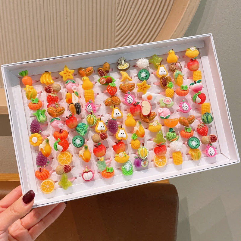Children's Cartoon Cute Baby Open Plastic Ring Girls Versatile Fruit Adjustable Ring Little Girl Jewelry