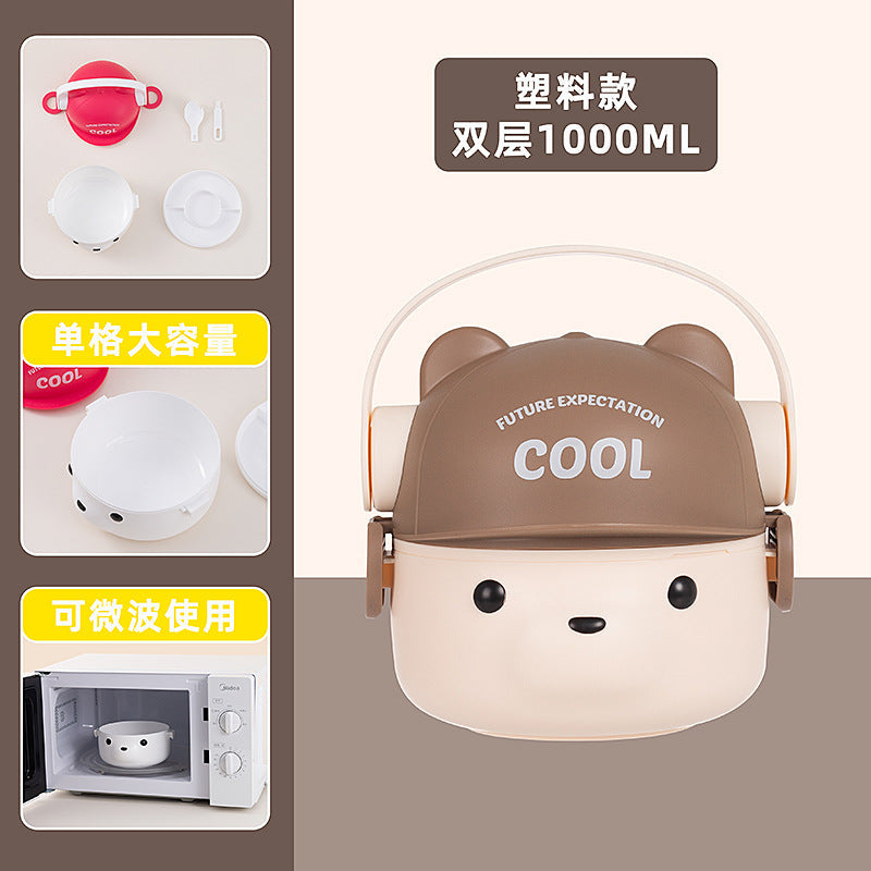 Lovable wind 304 stainless steel bear double-layer student pp lunch box can enter the microwave oven compartment with lid for foreign trade