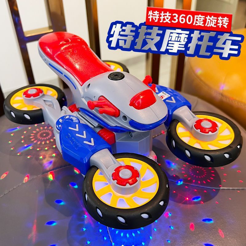 New electric deformation motorcycle stunt rotating universal car science fiction light music children's toy car wholesale