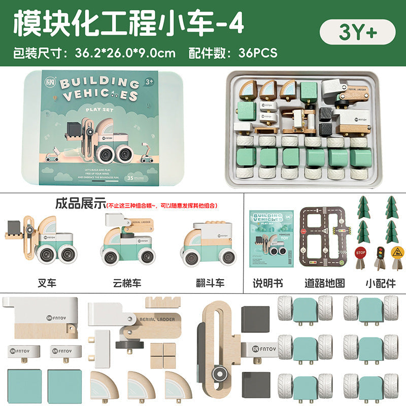 Wooden Children's Construction Vehicle Custom-Made for Boys, Versatile Assembly Building Block Toy Car Set, Back-To-School Gift, Educational Toy