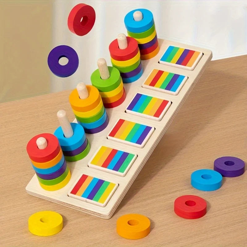 Montessori Wooden Rainbow Stacker Set | Color Sorting & Memory Matching Peg Board | Preschool Early Education STEM Toy