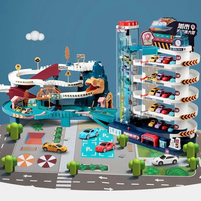 Electric Rail Car Dinosaur Building Parking Lot Adventure Racing Rail Car Toys Children Brain Mechanical Interactive Rail Cars