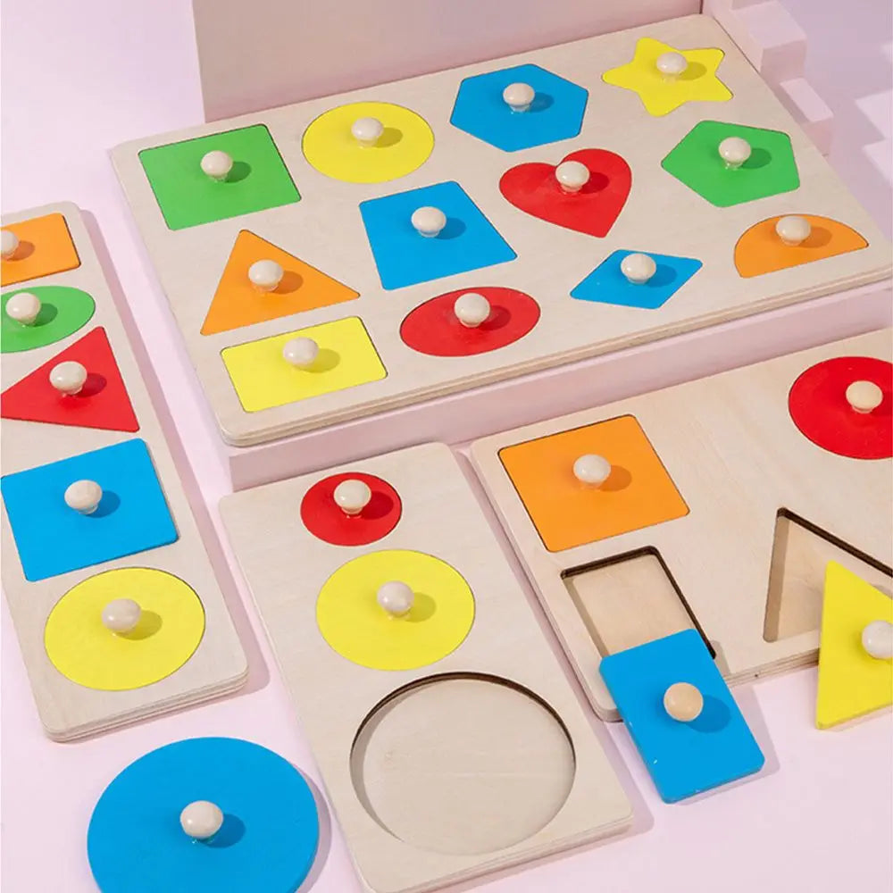 Wooden Sensory Tactile Multiple Color Pegboard Geometric Shape Matching Toy Puzzle Board Knob Panel