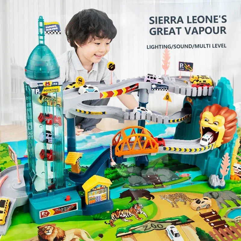 Lion Theme Car Track For Children Diecasts Holiday Gifts Birthday Hot Wheels Kids Educational Race Toys Racing Rail Cars