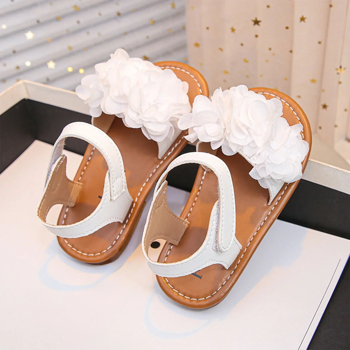 Cute Baby Flower Decoration Open Toed Summer Sandals Princess PU Leather Casual Rubber Sole Non-Slip Sandals Walking Shoes