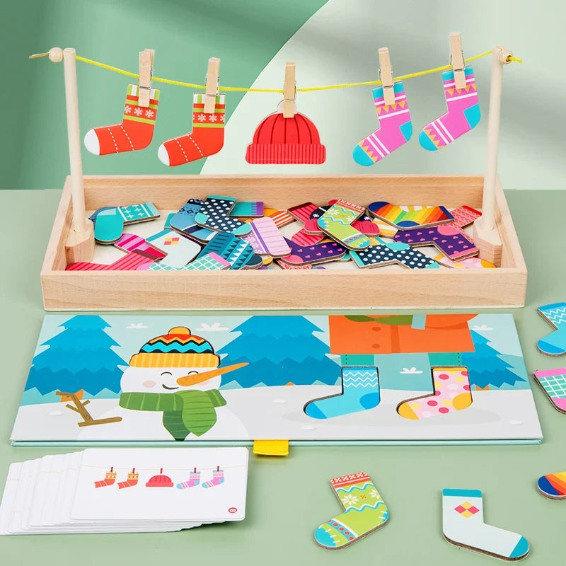 Children's Wooden Fun Sock Drying Puzzle Color Cognition Matching Fine Motor Training Early Education Learning Educational Toys