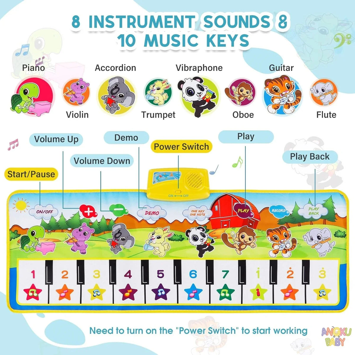 15*44" Educational Baby Play Mat Newborn Piano Gym for 0-12 Months Music Games For Babies Development Baby Activities Toys